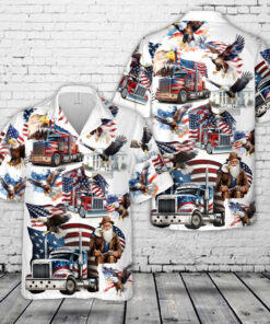 4Th Of July Hawaiian Shirts, Trucker Truck With Eagle And American Flag 4Th Of July Hawaiian Shirt, Military Aloha Shirts