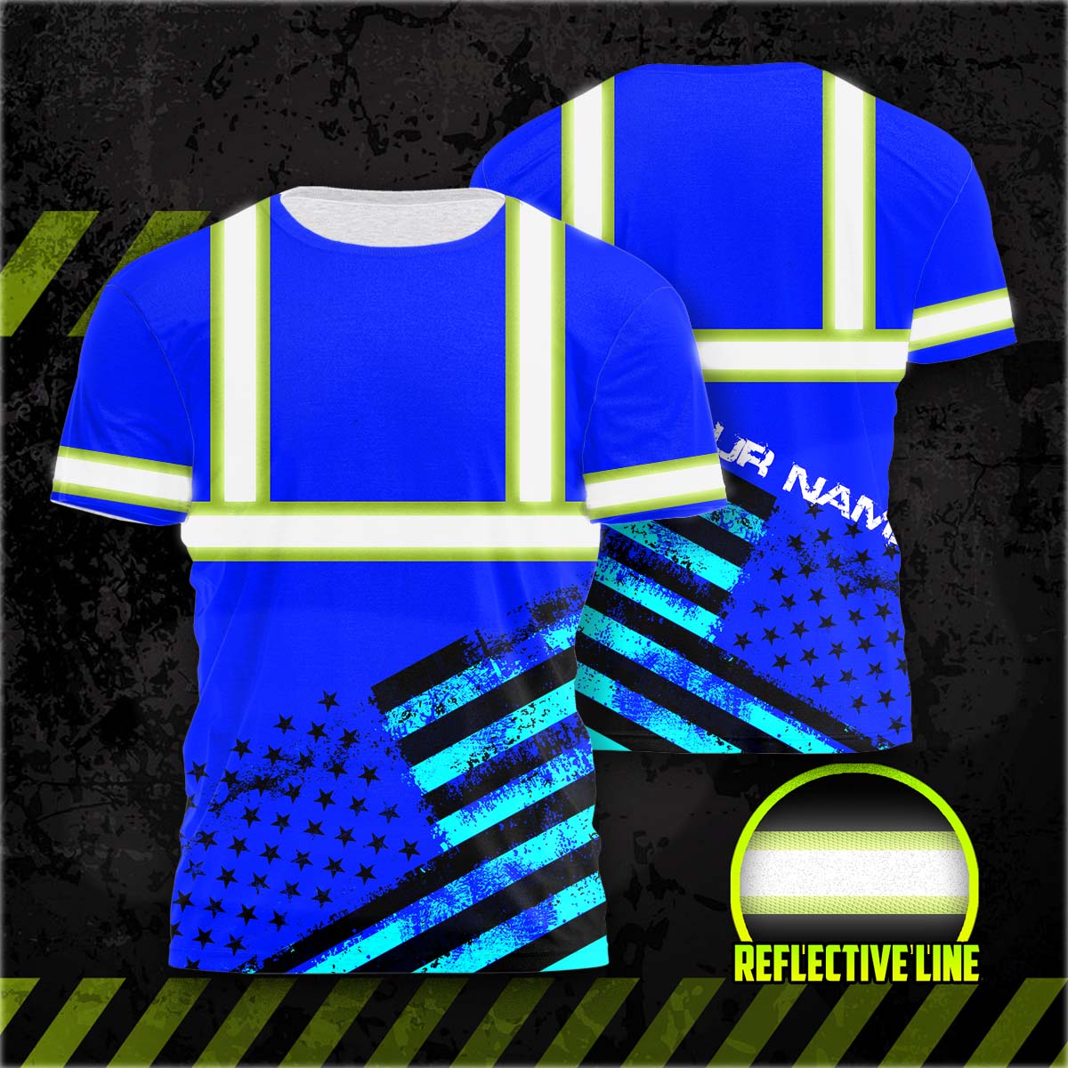 hi vis shirt reflective black and blue neon usa flag custom name safety workwear 1 avfg0