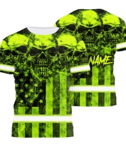 Hi Vis Shirt Reflective Green Skull US Flag Custom Name Safety Workwear