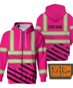 Hi Vis Zip Hoodie Reflective Tapes Pink USA Flag Safety Workwear For Workers