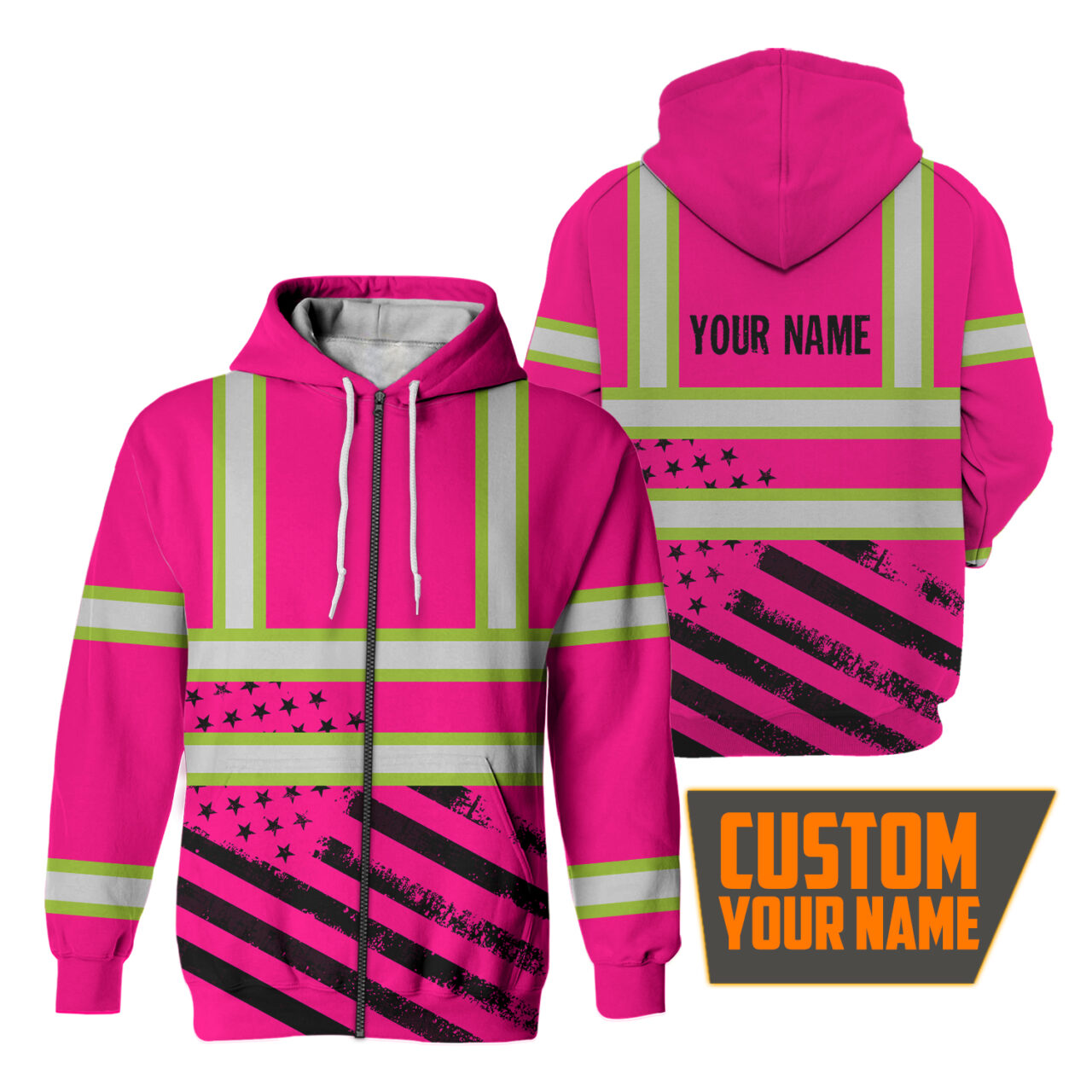 hi vis zip hoodie reflective tapes pink usa flag safety workwear for workers 1 0crg6