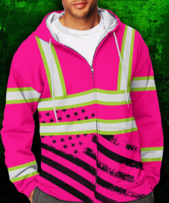 hi vis zip hoodie reflective tapes pink usa flag safety workwear for workers 4 9ewv5
