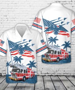 4th of July Firefighter Hawaiian Shirt – American Flag Eagle and Fire Truck Patriotic Shirt for Men
