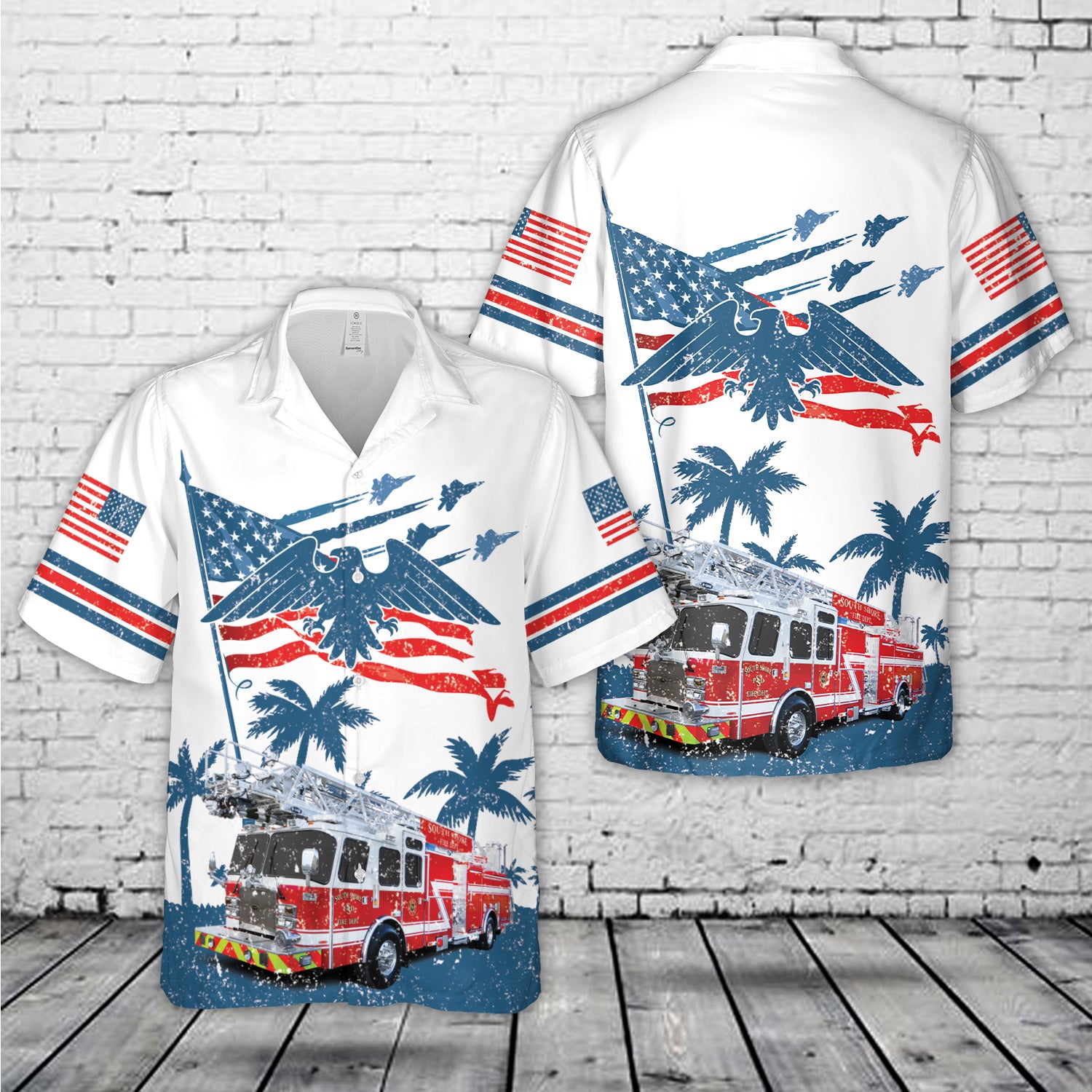 4th of july firefighter hawaiian shirt american flag eagle and fire truck patriotic shirt for men k9wee