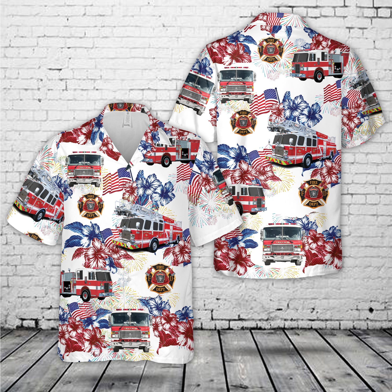 4th of july firefighter hawaiian shirt fire truck american flag patriotic shirt for men 42268
