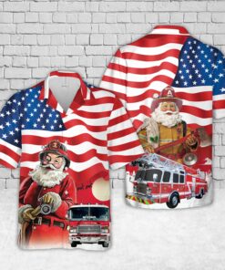 American Flag With Firefighter Fire Truck Christmas Hawaiian Shirt