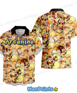 Arcanine Hawaiian Shirt Pokemon Fire Type Anime Cute Orange Pattern Button Up Shirt