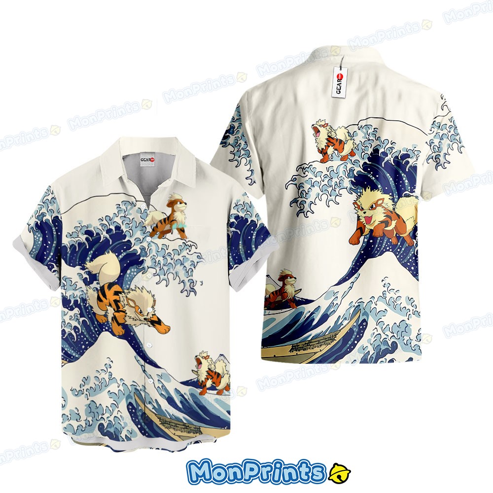 arcanine hawaiian shirt pokemon great wave kanagawa japanese art anime button up shirt 1 to9vy