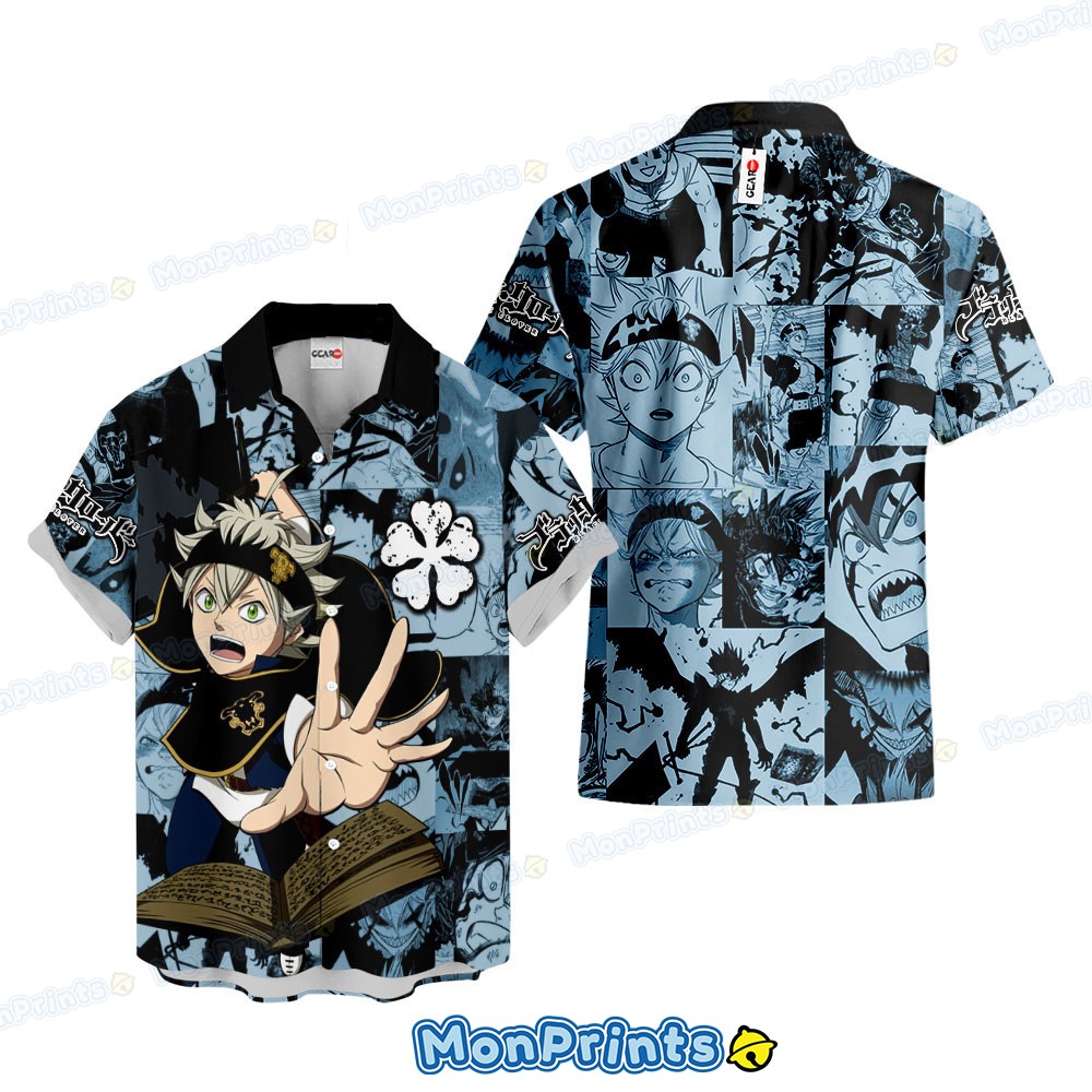asta hawaiian shirt black clover anime manga panel blue magic grimoire button up shirt 1 at1ke