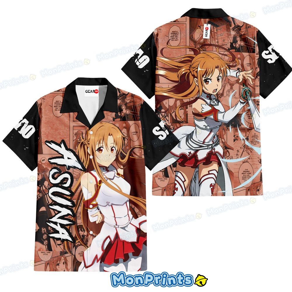 asuna hawaiian shirt sword art online manga panel anime red casual button up shirt 1 msjaw