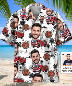 Custom Photo Firefighter Truck Hawaiian Shirt – Personalized Beachwear for Fireman Fans