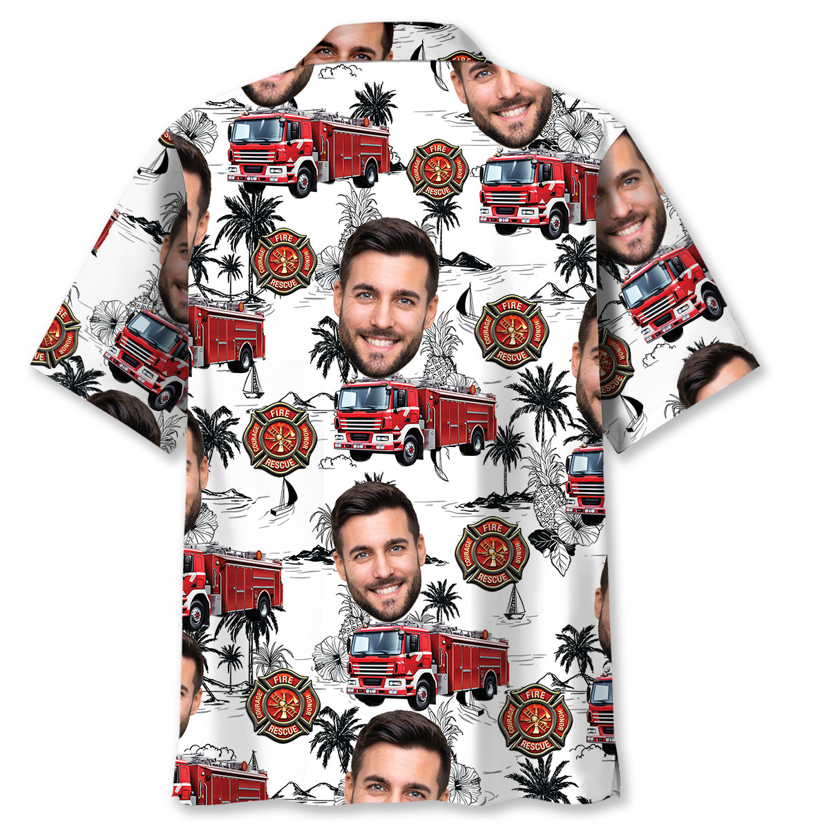 Custom Photo Firefighter Truck Hawaiian Shirt – Personalized Beachwear for Fireman Fans