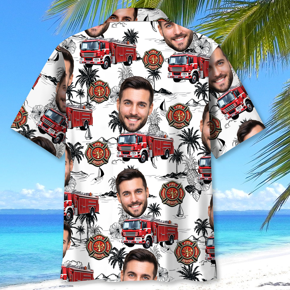 Custom Photo Firefighter Truck Hawaiian Shirt – Personalized Beachwear for Fireman Fans