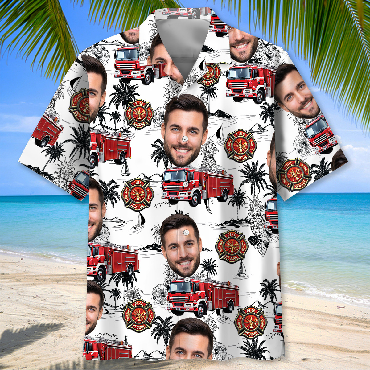 Custom Photo Firefighter Truck Hawaiian Shirt – Personalized Beachwear for Fireman Fans