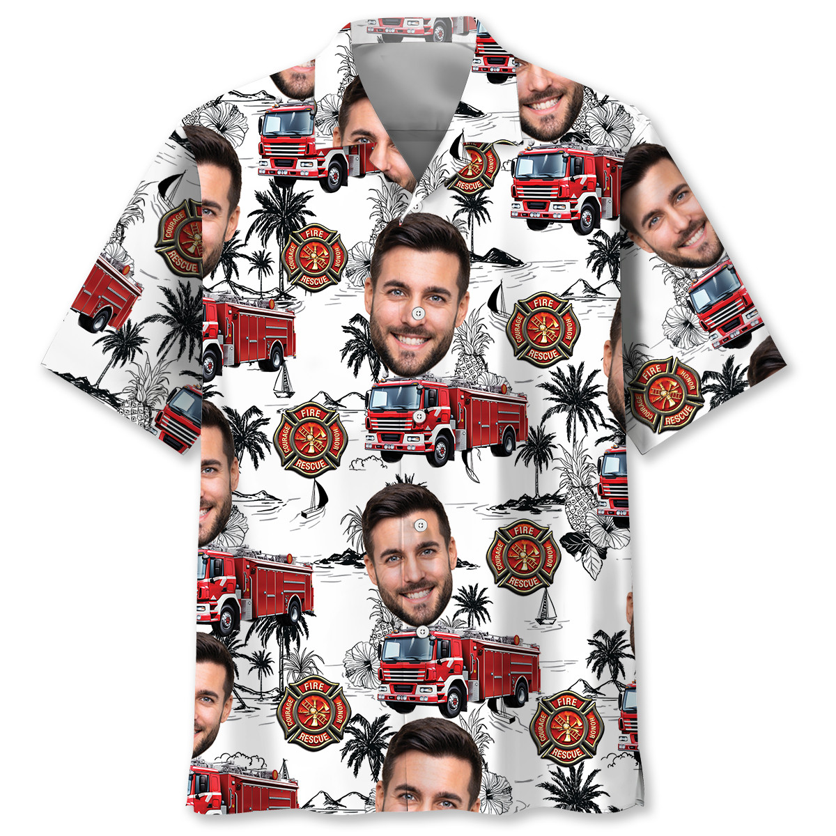 Custom Photo Firefighter Truck Hawaiian Shirt – Personalized Beachwear for Fireman Fans
