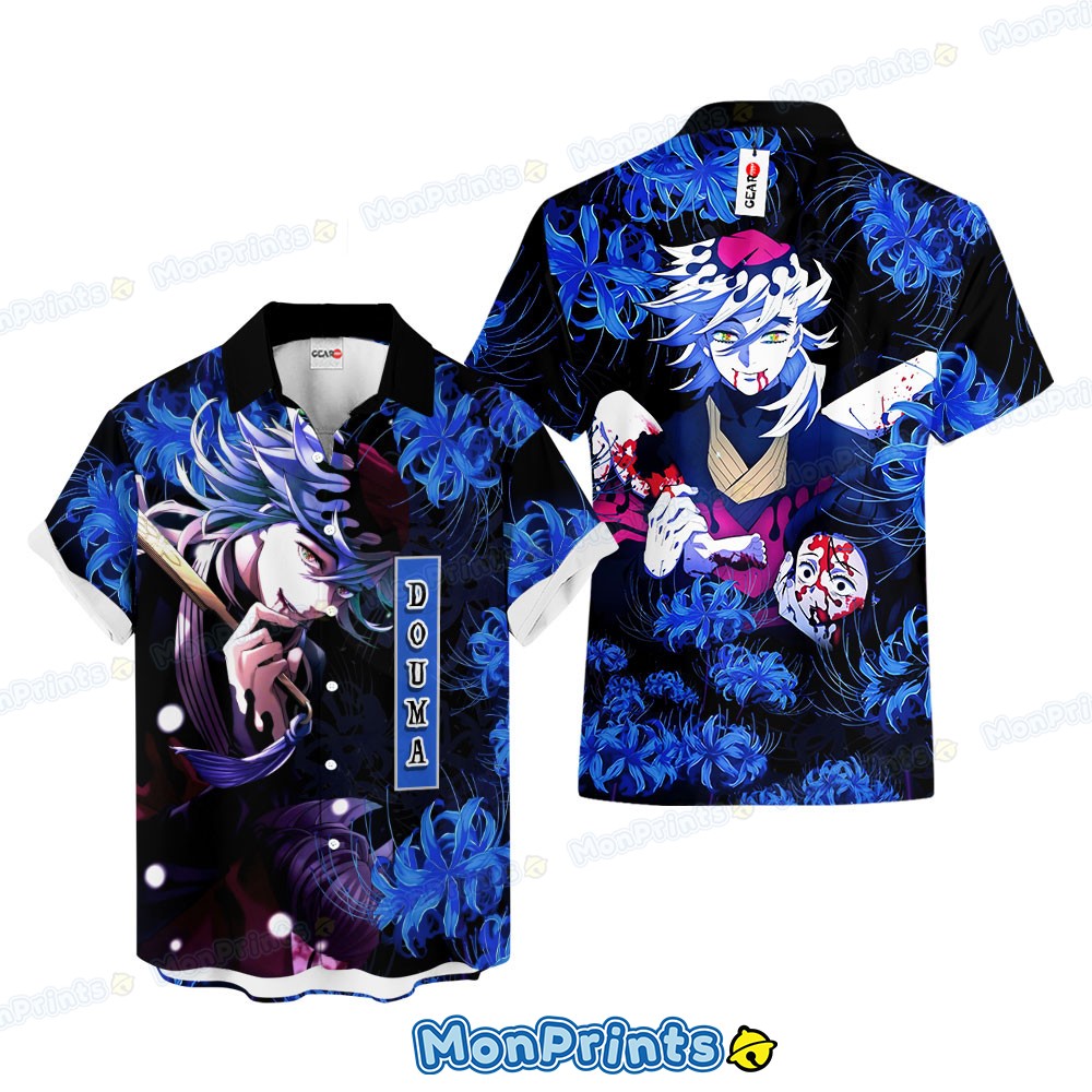 douma hawaiian shirt demon slayer blue spider lily upper moon tee 1 awn1e