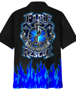 fire rescue hawaiian shirt blue flame design for first responders 3 10cib