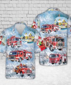 Fire Truck Christmas Hawaiian Shirt – Vintage Firefighter Holiday Shirt for Men