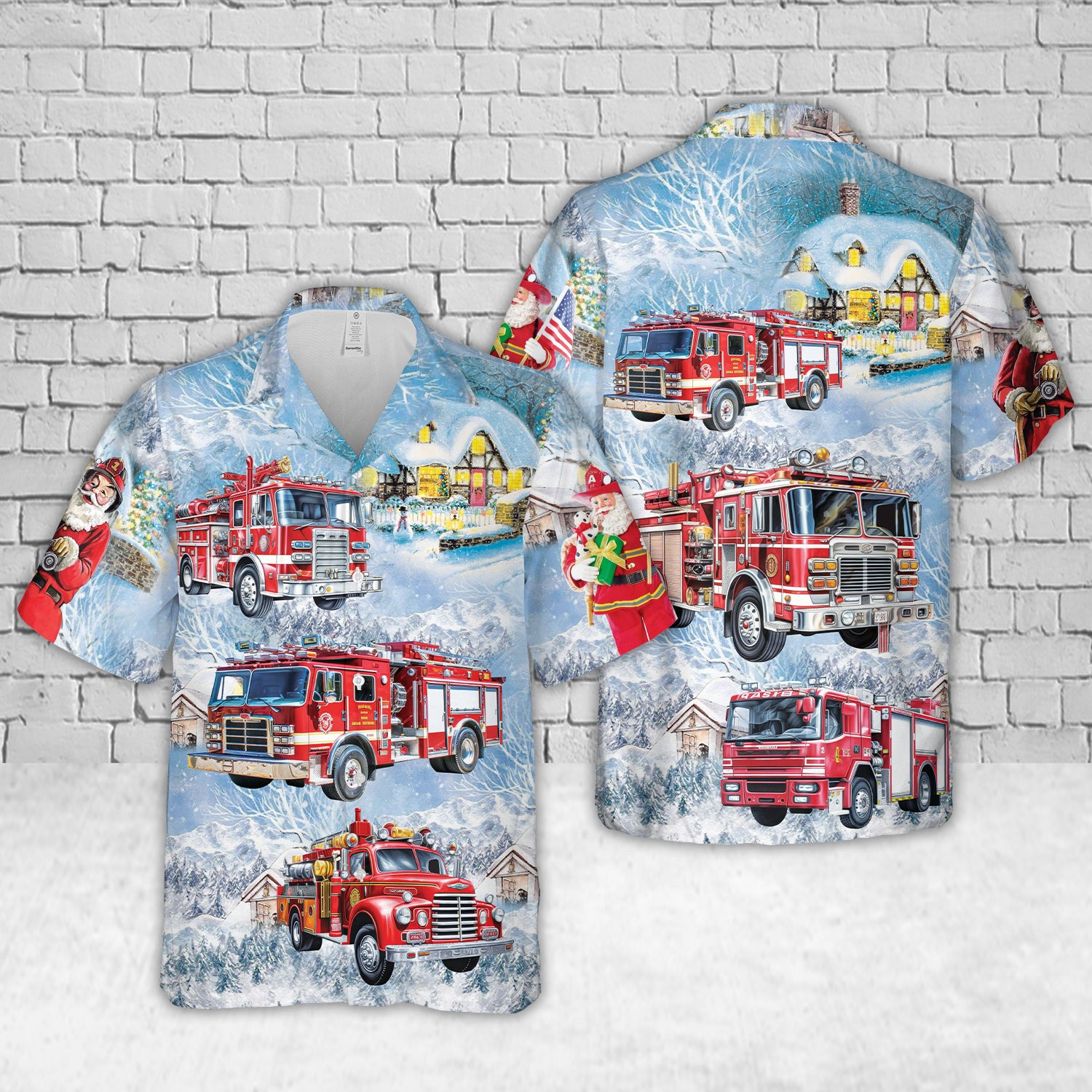 fire truck christmas hawaiian shirt vintage firefighter holiday shirt for men w6wnk