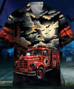 Fire Truck Horror Hawaiian Shirt – Haunted Halloween Firefighter Shirt