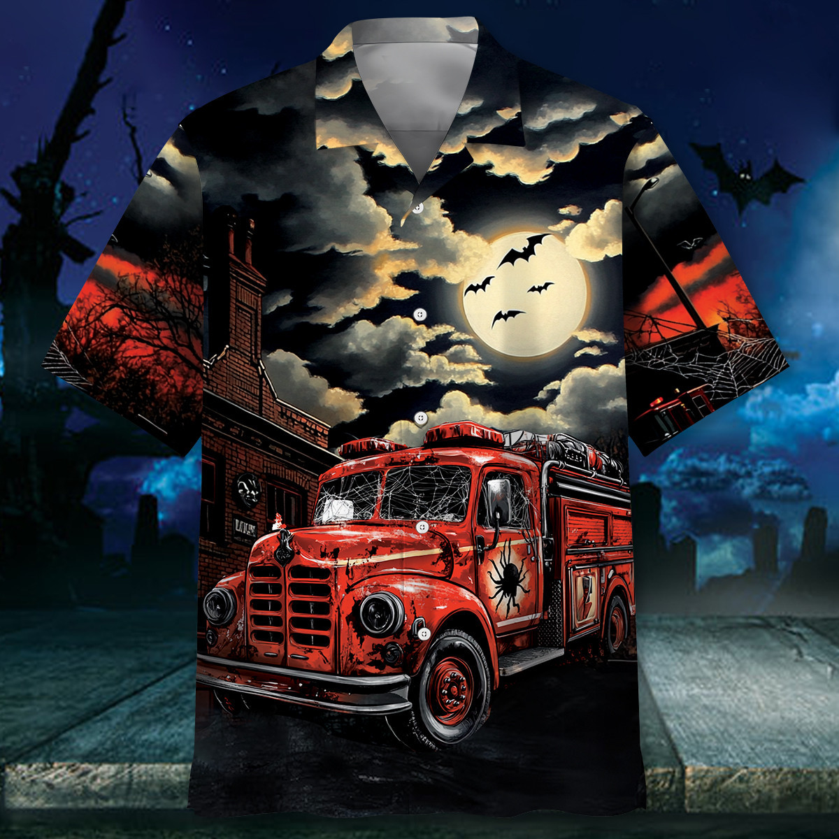 fire truck horror hawaiian shirt haunted halloween firefighter shirt 1 4glt8