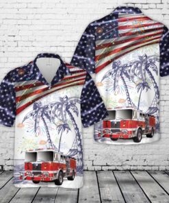 Firefighter 4th of July Hawaiian Shirt – Fire Truck American Flag Palm Tree Shirt for Men