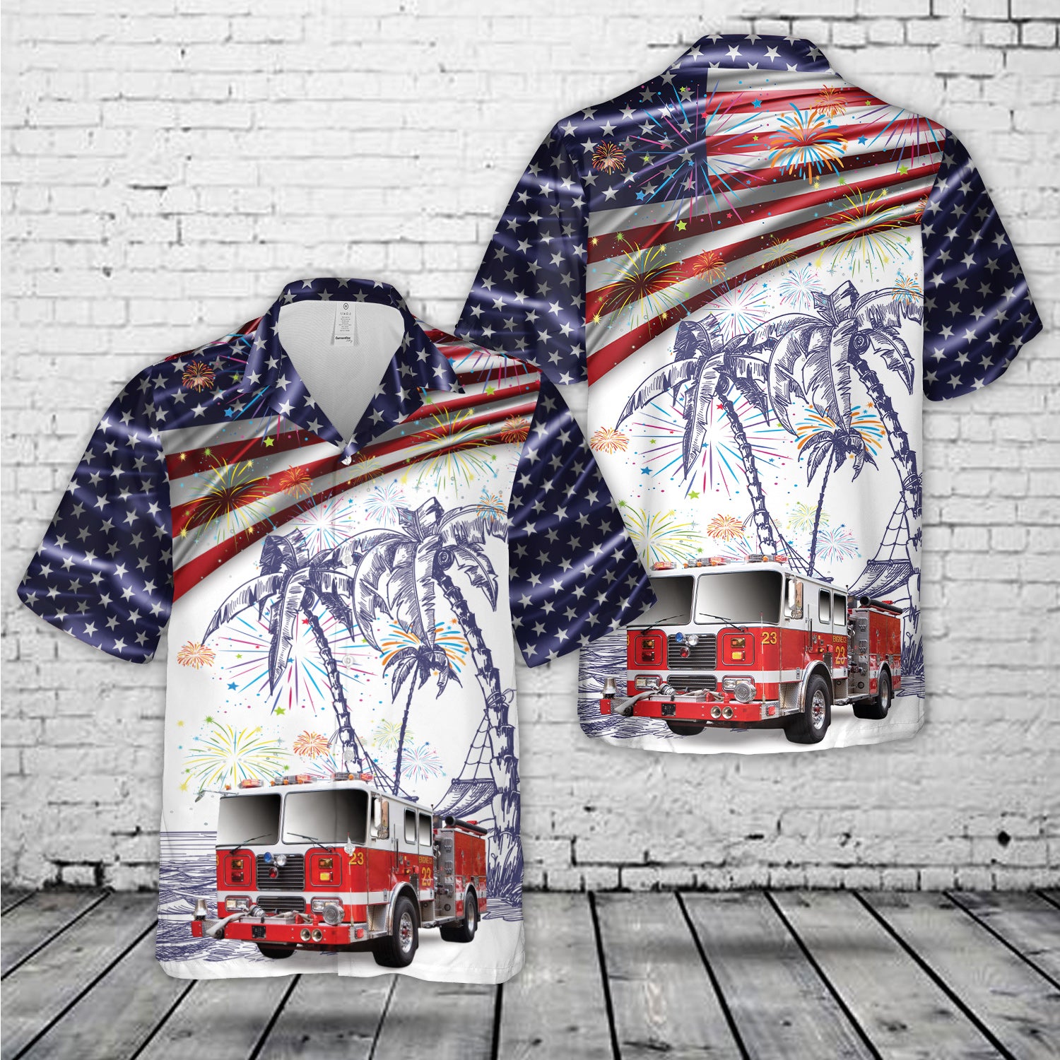 firefighter 4th of july hawaiian shirt fire truck american flag palm tree shirt for men
