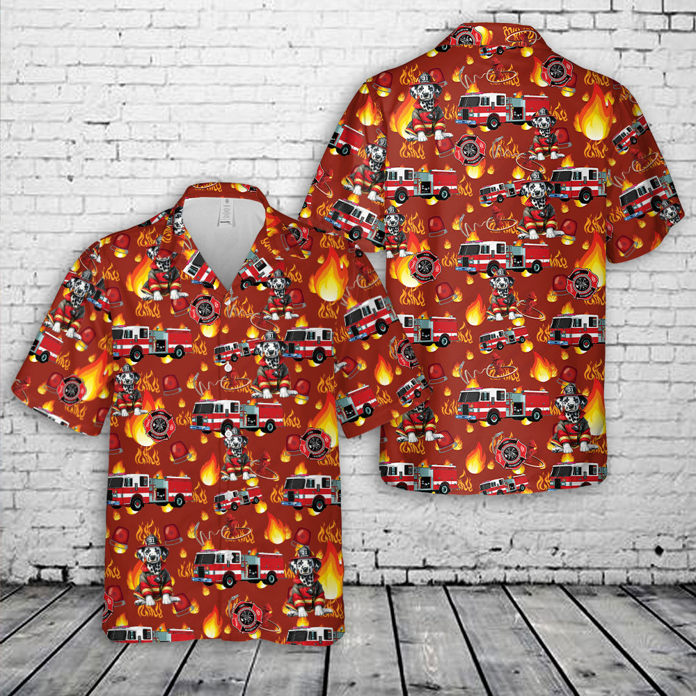 firefighter hawaiian shirt cartoon fire truck and flame print shirt for men y8ulo