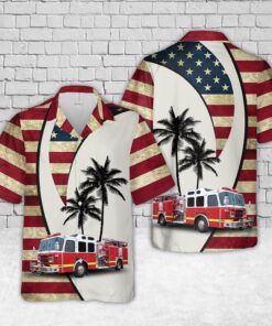 Firefighter Hawaiian Shirt – Fire Truck American Flag Palm Tree 4th of July Shirt for Men