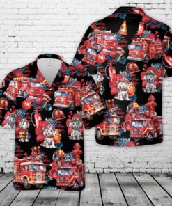 Firefighter Hawaiian Shirt – Fire Truck and Dalmatian Dog Cartoon Print Shirt for Men