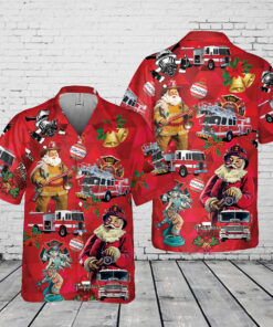 Firefighter Santa Christmas Hawaiian Shirt – Red Fire Truck Holiday Shirt for Men