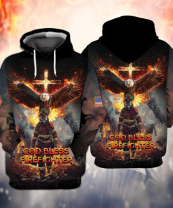 God Bless Firefighter Hoodie – Patriotic Eagle and Cross All Over Print Firefighter Sweatshirt
