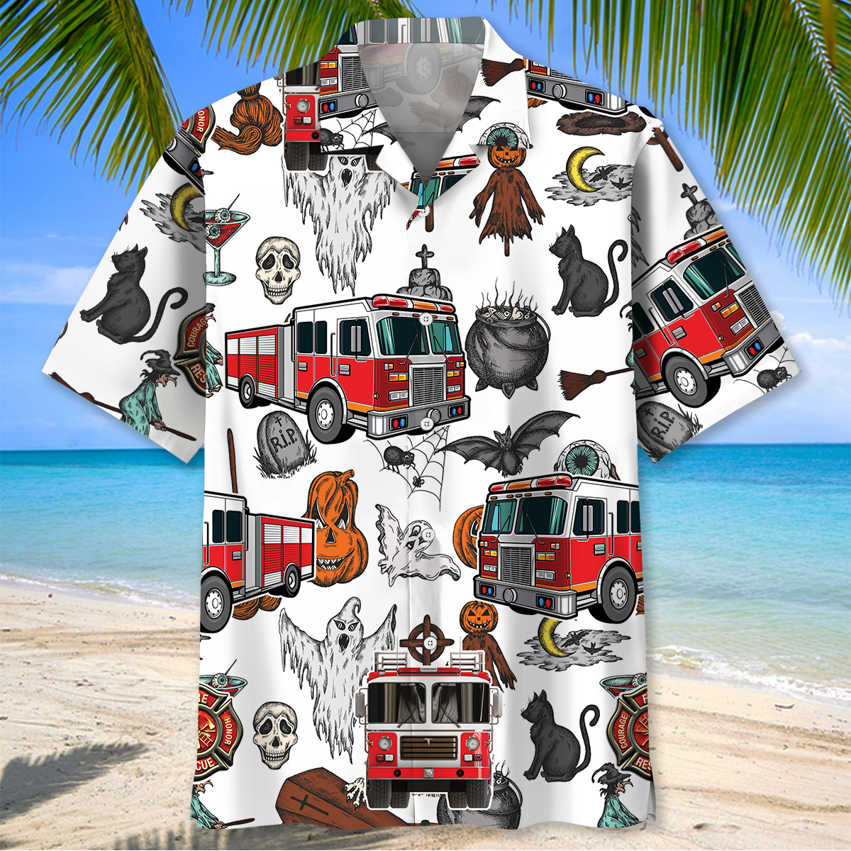 haunted firefighter truck halloween hawaiian shirt spooky fire rescue print 1 idqz0