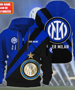 Inter Milan Custom Zip Hoodie Jacket, Personalized Blue and Black Cotton Hoodie for Fans, Soccer Gift for Him