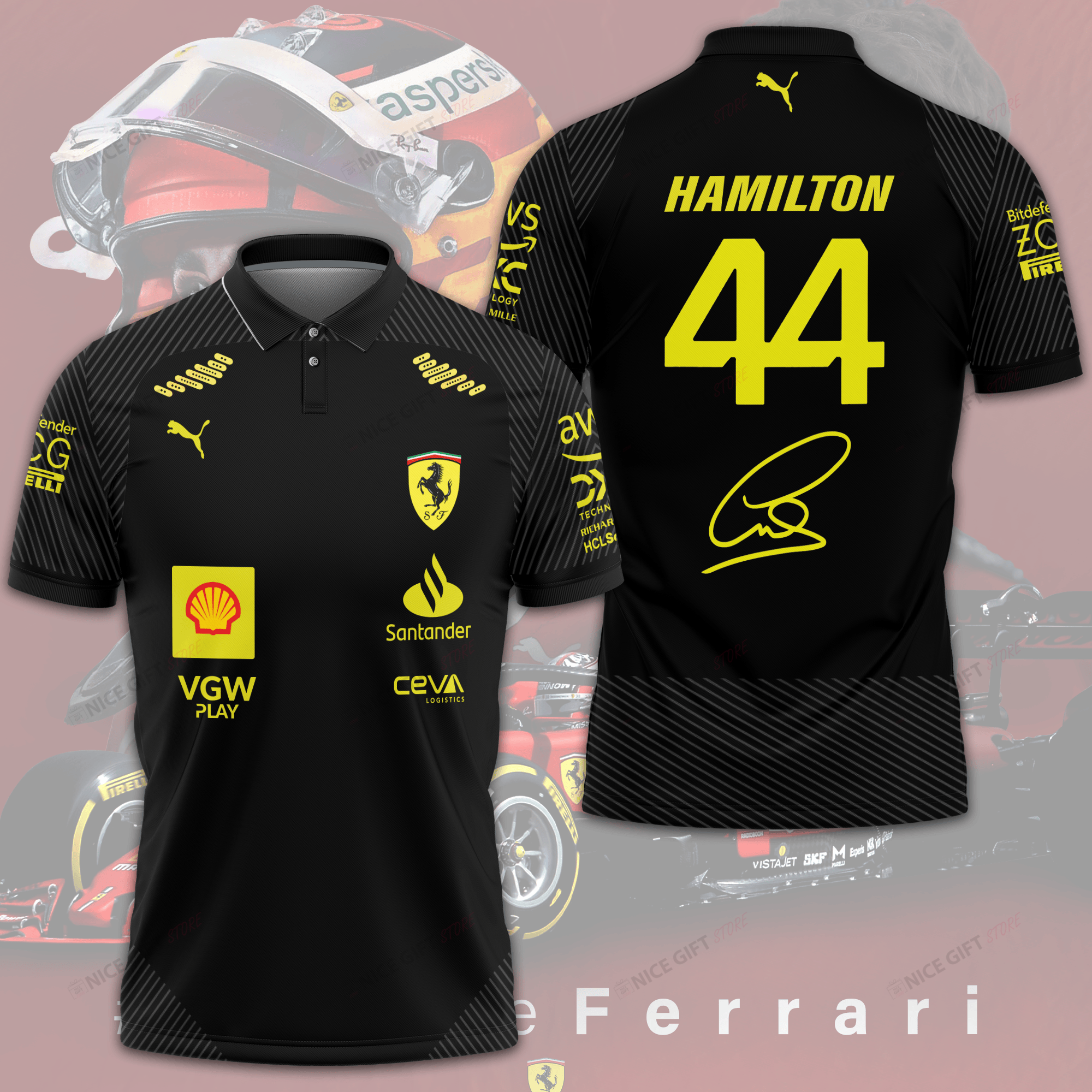 lewis hamilton 44 ferrari polo shirt scuderia f1 black racing jersey formula 1 fan gear o9woe