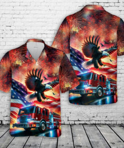 Patriotic Eagle Firefighter Hawaiian  Shirt – Fire Truck 4th of July American Flag Shirt for Men