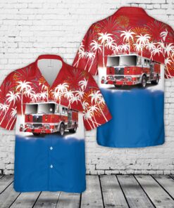 Red White & Blue Firefighter Hawaiian Shirt – Fire Truck 4th of July Patriotic Shirt for Men
