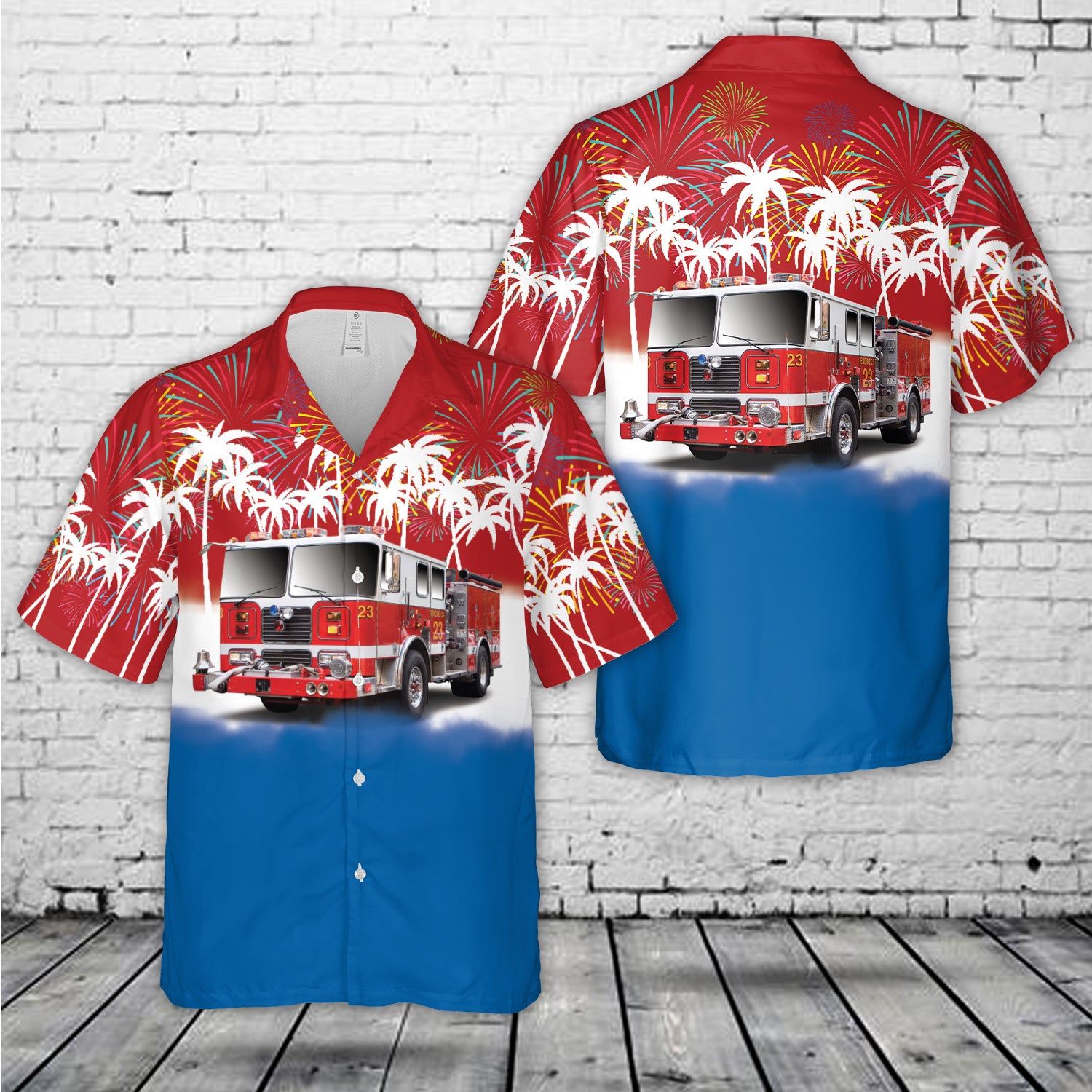 red white blue firefighter hawaiian shirt fire truck 4th of july patriotic shirt for men f8jzf