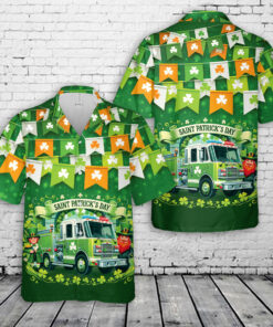 Saint Patrick’s Day Firefighter Hawaiian Shirt – Green Fire Truck & Leprechaun Shamrock Shirt for Men