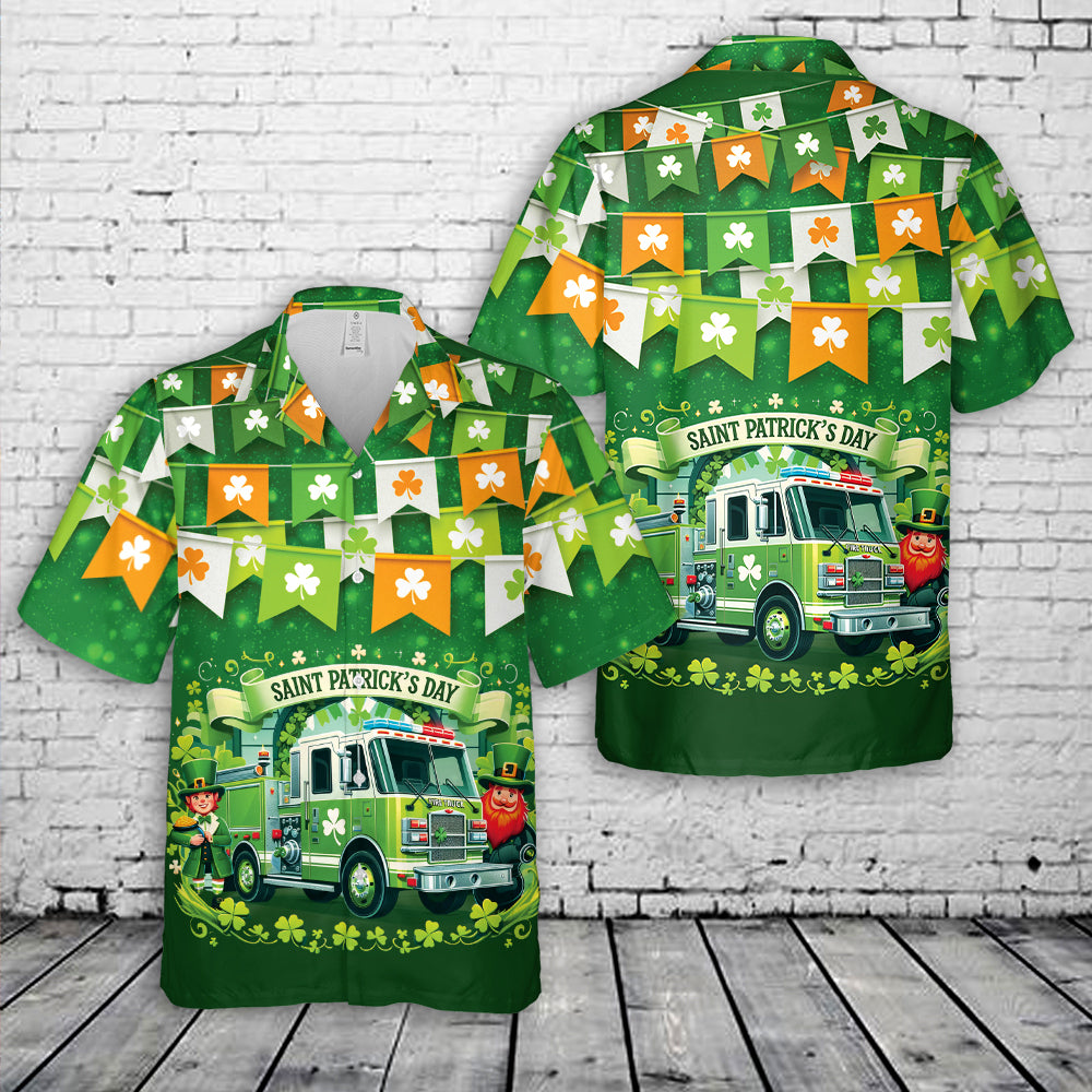 saint patricks day firefighter hawaiian shirt green fire truck leprechaun shamrock shirt for men vnieo