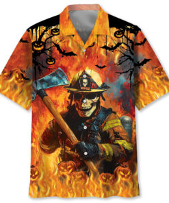Skull Firefighter Halloween Hawaiian Shirt – Spooky Fireman Costume Top