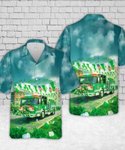 St. Patrick’s Day Firefighter Hawaiian Shirt – Green Fire Truck Shamrock Shirt for Men