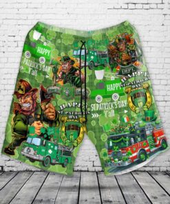 St. Patrick’s Day Firefighter Shorts – Leprechaun Fire Truck Lucky Green Shorts for Men