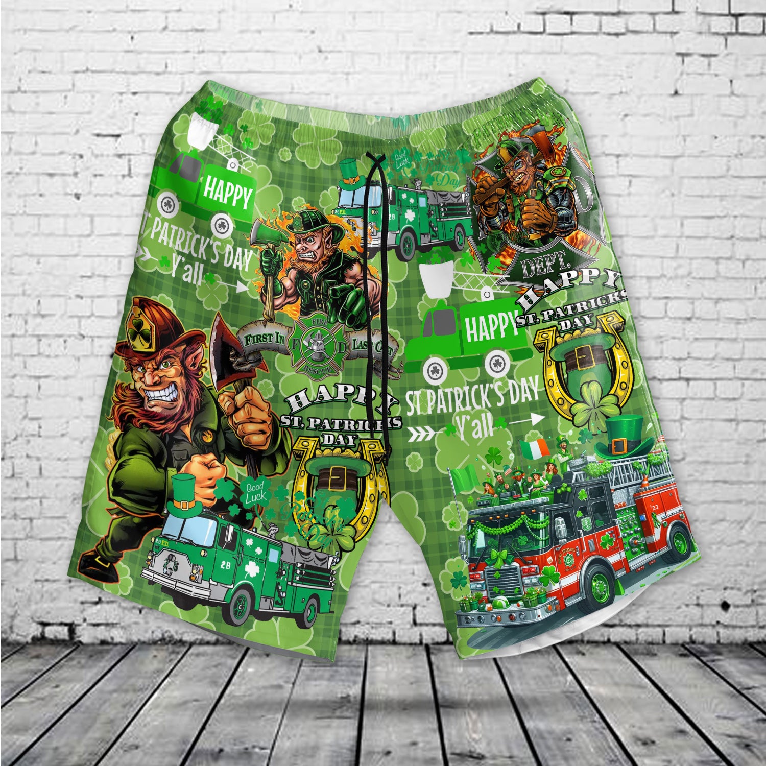 st patricks day firefighter shorts leprechaun fire truck lucky green shorts for men csenz