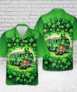 St. Patrick’s Day Leprechaun Hawaiian Shirt – Green Fire Truck Shamrock Shirt for Men