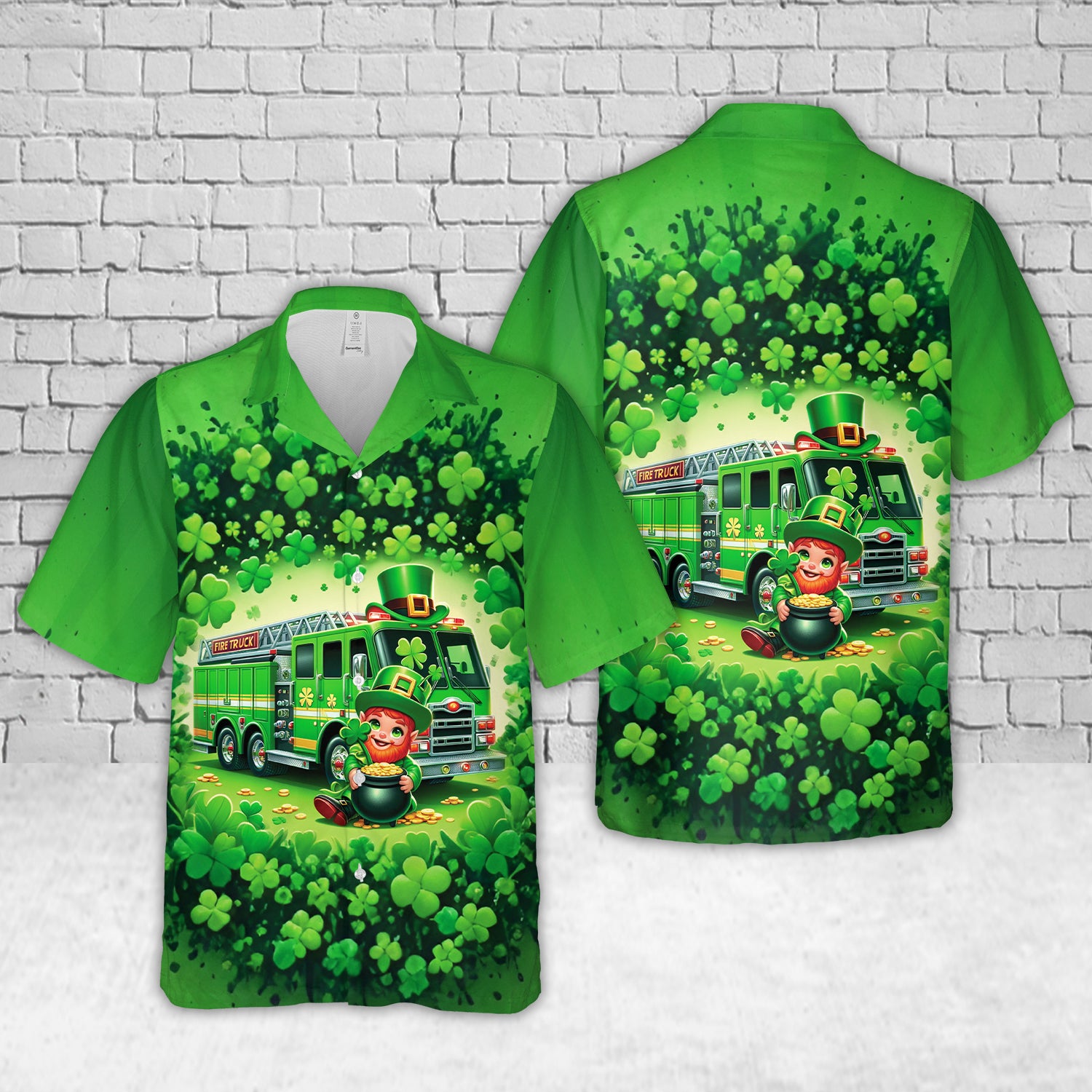 st patricks day leprechaun hawaiian shirt green fire truck shamrock shirt for men rq2sq