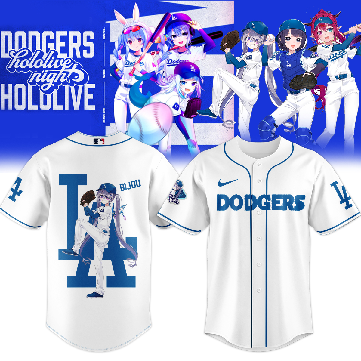bijou dodgers white baseball jersey hololive vtuber shirt for anime la fans vyq9q