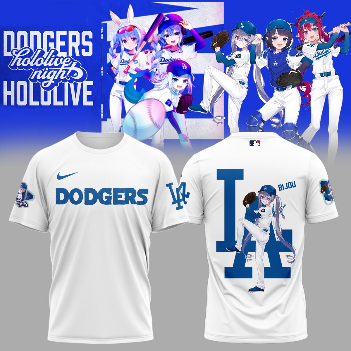 bijou dodgers white shirt hololive vtuber baseball tee for anime la fans yd9e1