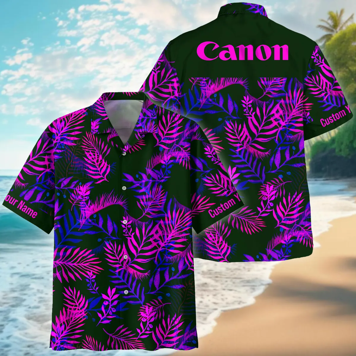 canon neon tropical hawaiian shirt custom purple pink leaf button up 1