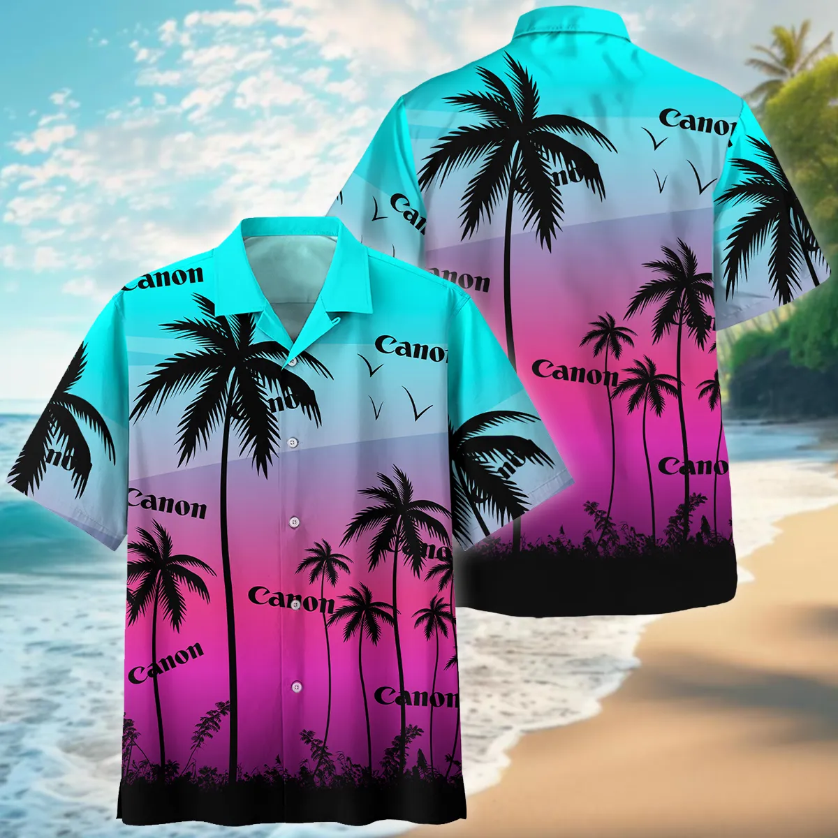 canon sunset palm hawaiian shirt custom tropical beach gradient button up 1 utv36